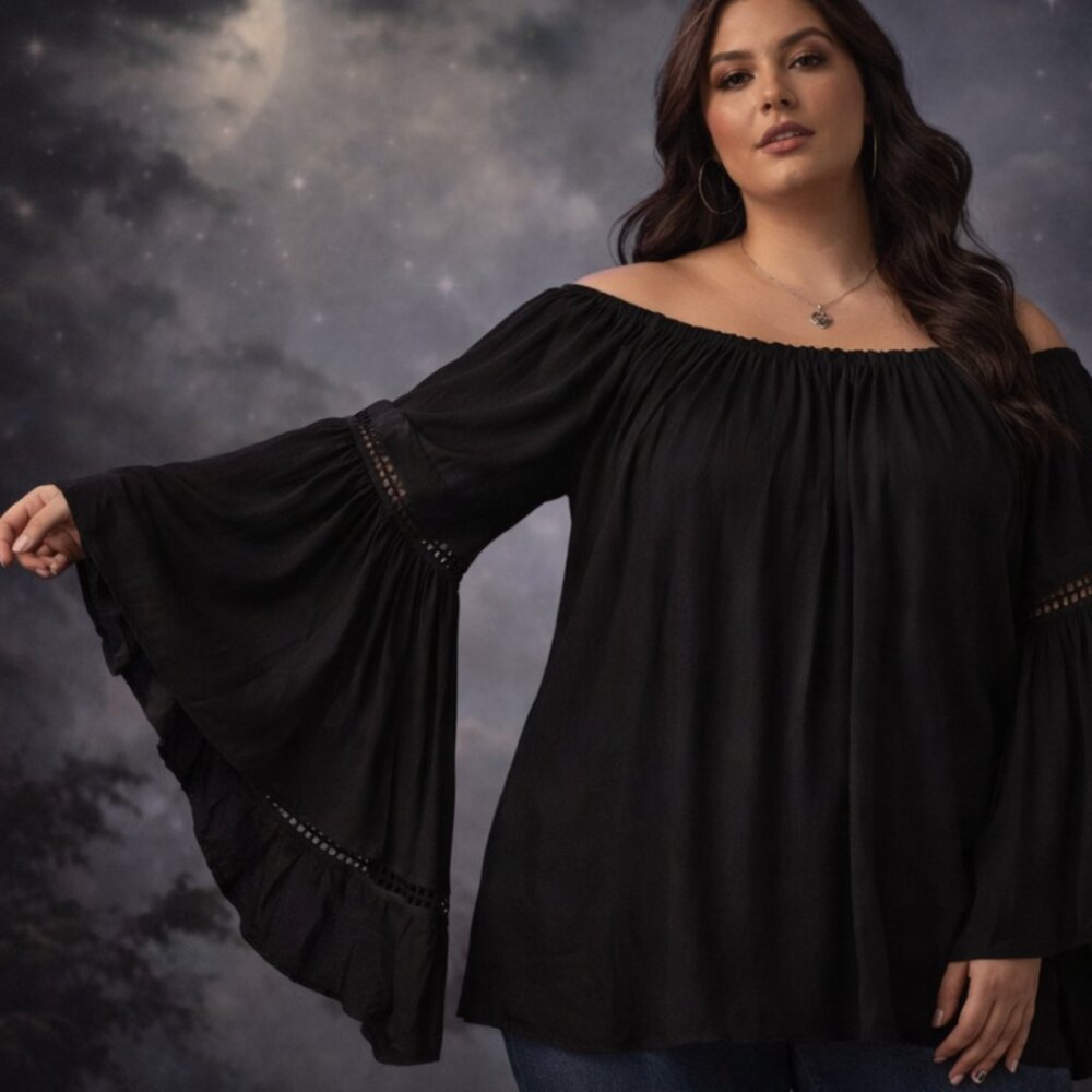 Elan Black Off-Shoulder Bell Sleeve Blouse O/S Boho Festival Whimsigoth EUC